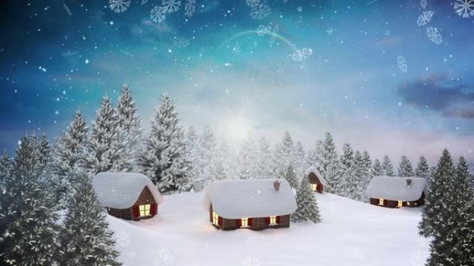雪花落在蓝天下的冬季景观上的多座房屋和树木上