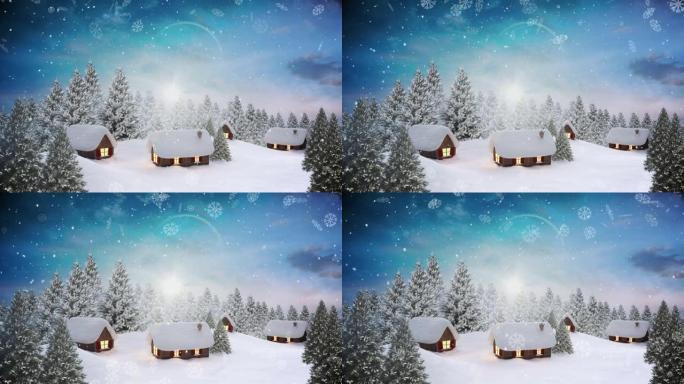 雪花落在蓝天下的冬季景观上的多座房屋和树木上