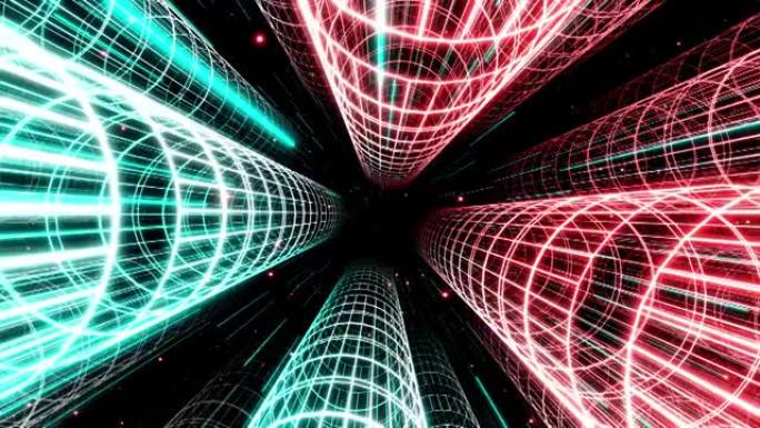 运动设计圆柱体阵列，相机在霓虹灯和全息物体的数字科幻空间中飞行和旋转。高科技概念，抽象的未来循环背景