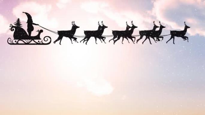 圣诞老人在雪橇上的动画与驯鹿在降雪和天空中