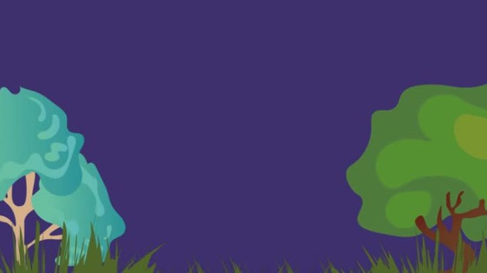 紫色背景上的绿树草插图动画