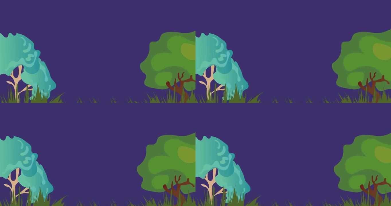 紫色背景上的绿树草插图动画