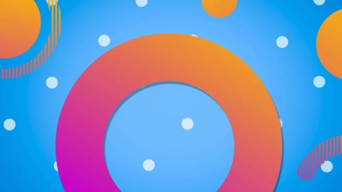 蓝色背景上掉落的白色圆点上的橙色和粉红色戒指和圆圈的动画