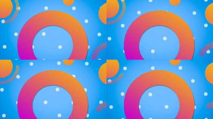 蓝色背景上掉落的白色圆点上的橙色和粉红色戒指和圆圈的动画