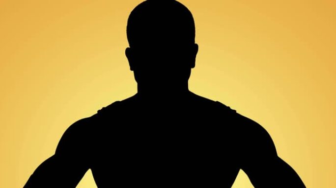 黄色背景上的男性运动员手放在臀部的剪影动画