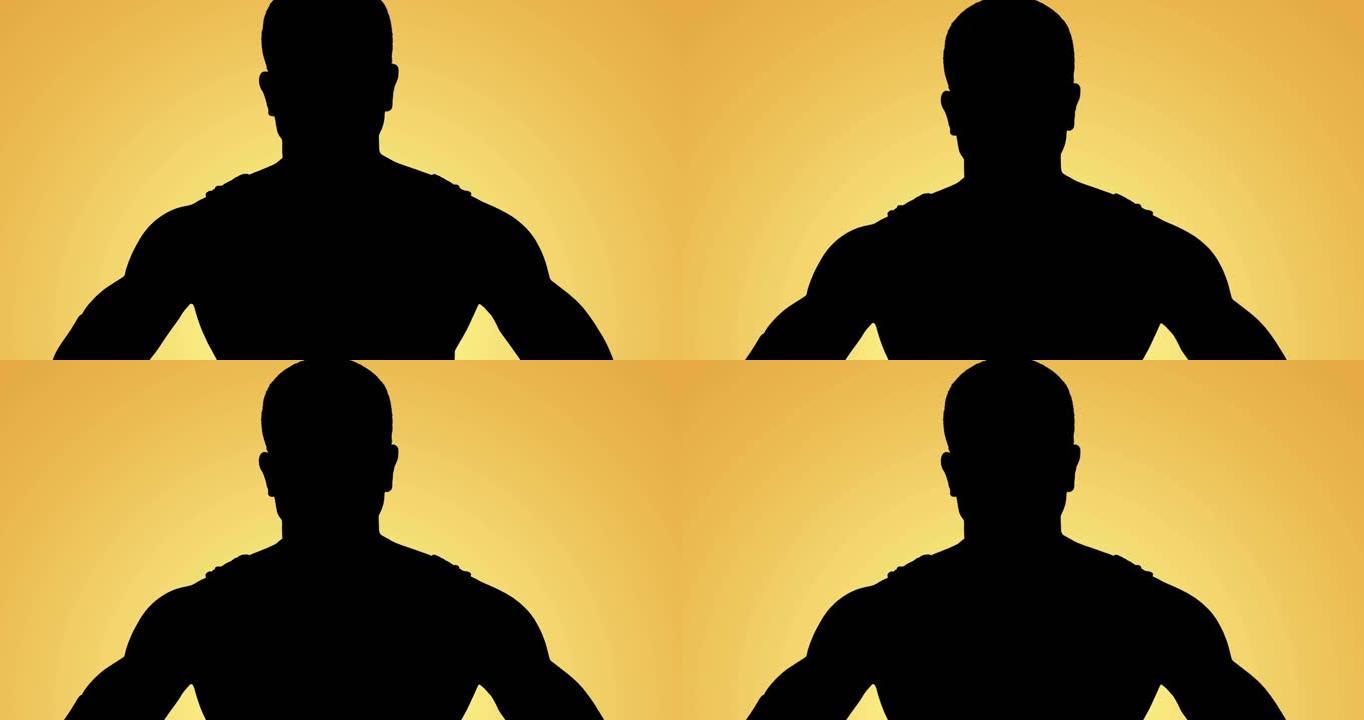 黄色背景上的男性运动员手放在臀部的剪影动画