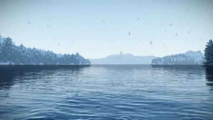 3D动画视频俯瞰湖面下雪风景