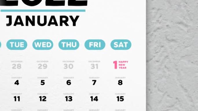 日历2022的精美1月页面的特写镜头，相机移至标记的新年日期