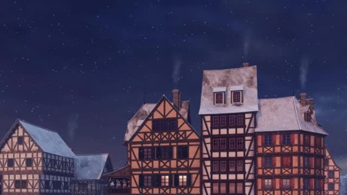 冬夜的欧洲老城带降雪3D动画
