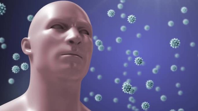 漂浮在紫色背景上的人类半身像和covid 19细胞的动画