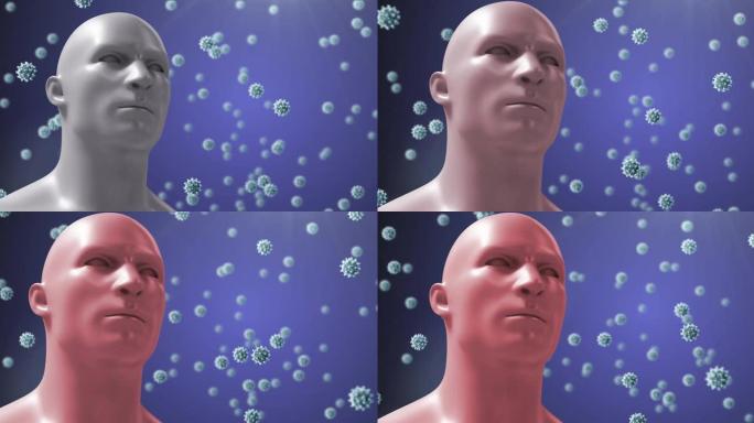 漂浮在紫色背景上的人类半身像和covid 19细胞的动画