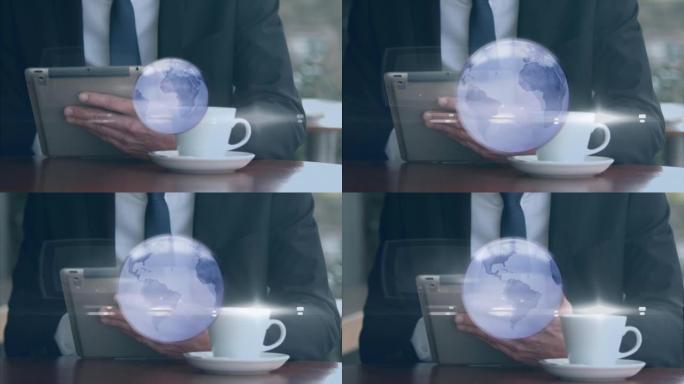 使用平板电脑的咖啡在商人上的灰色地球仪动画