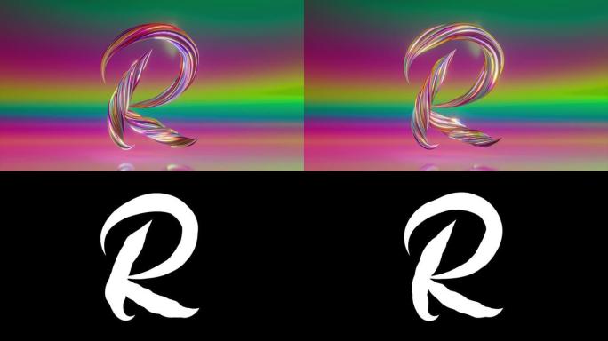 收集生活字母表。独特的扭曲字母。彩虹。字母R。阿尔法哑光无缝循环的3d动画