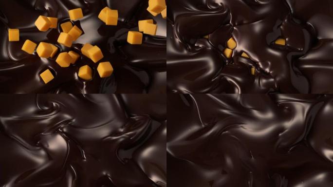 焦糖方块落入黑巧克力中