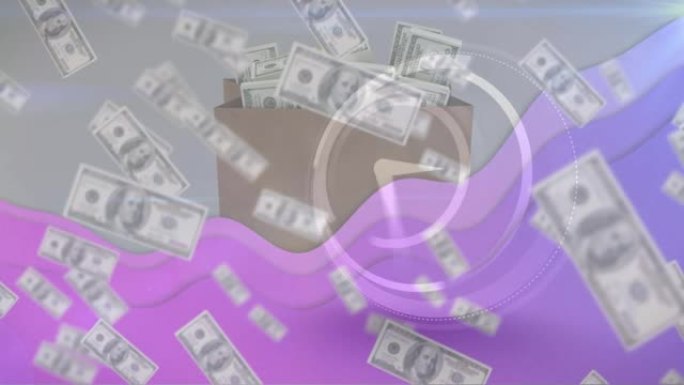 紫色波浪在美元钞票上的动画和时钟滴答作响