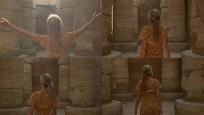 女性游客观光古埃及坦普尔