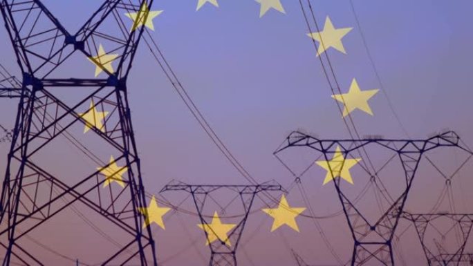 日落时在野外的电塔上悬挂欧盟国旗的动画