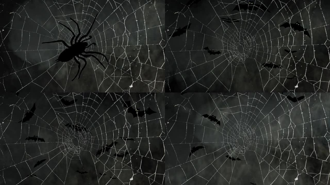 黑雾背景下的大黑蜘蛛。黑烟中的万圣节飞蝙蝠和蜘蛛蜘蛛网。