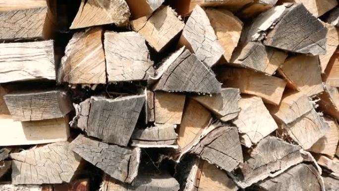 一排排堆积的木柴特写。原木坯料中的燃料。用于加热的天然可燃材料。选择性聚焦