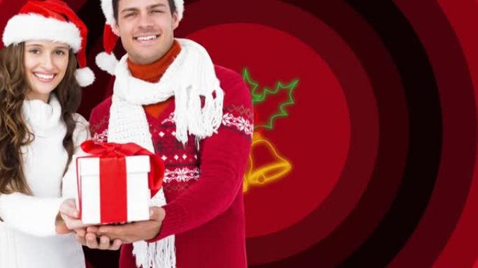 幸福的夫妇在冬青和红圈上的铃铛上拿着圣诞节礼物的动画