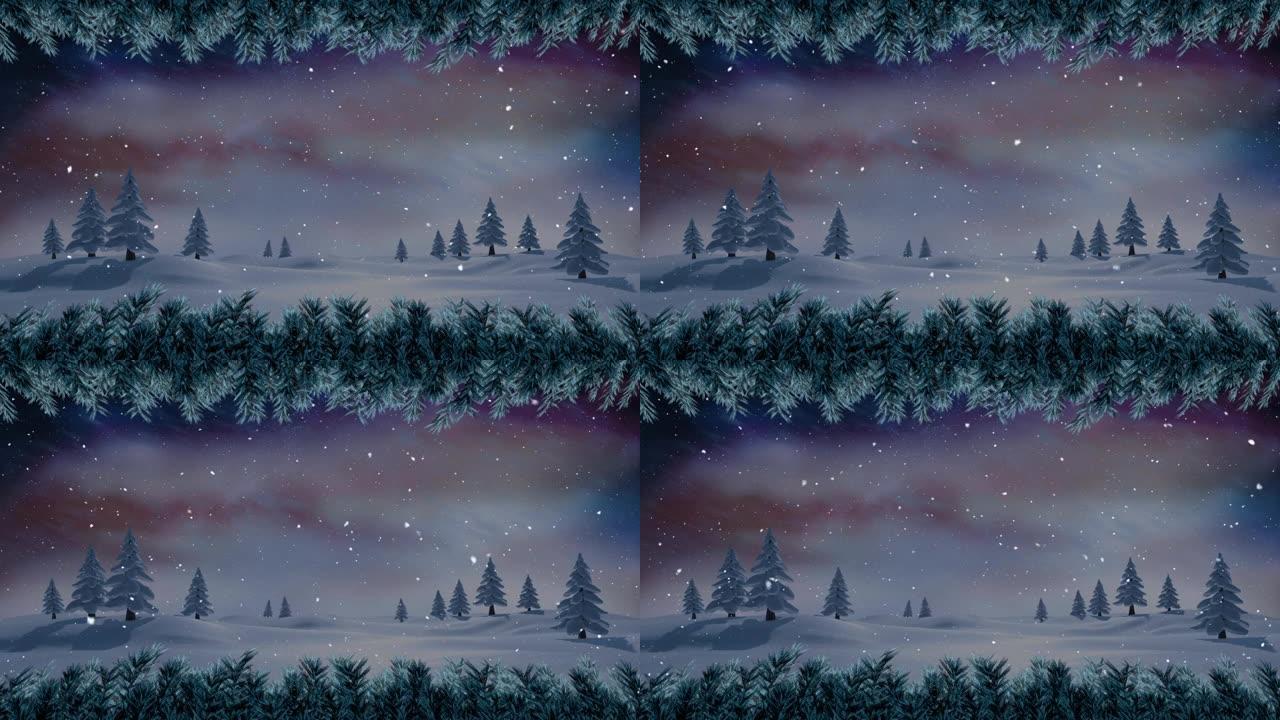 雪花落在杉树和冬季景观上的动画