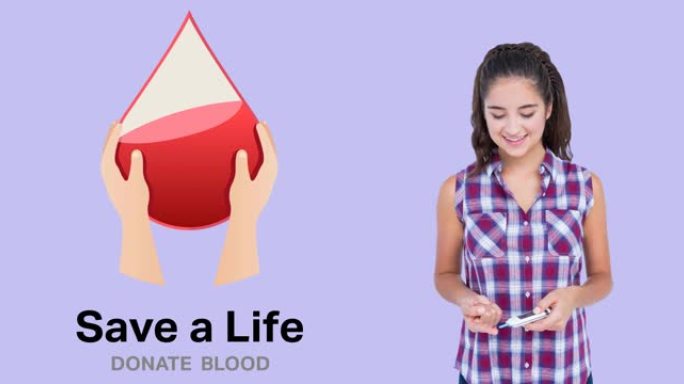 动画拯救生命献血文字和标志，微笑的女人做针刺验血
