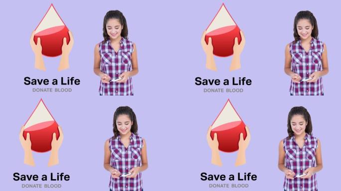 动画拯救生命献血文字和标志，微笑的女人做针刺验血