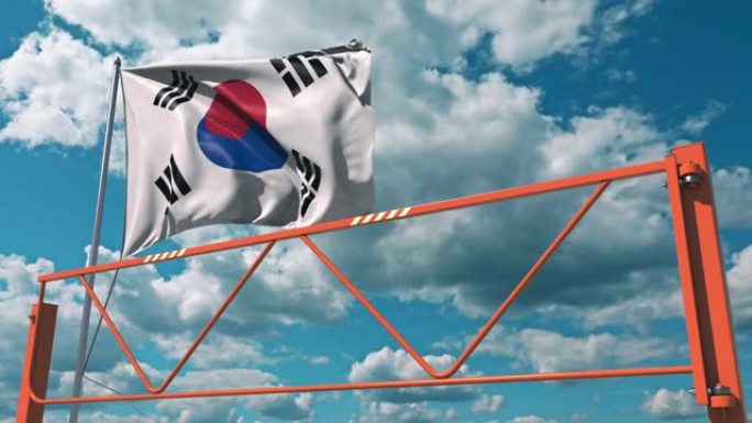 韩国旗和摆臂屏障。禁止进入概念3d动画
