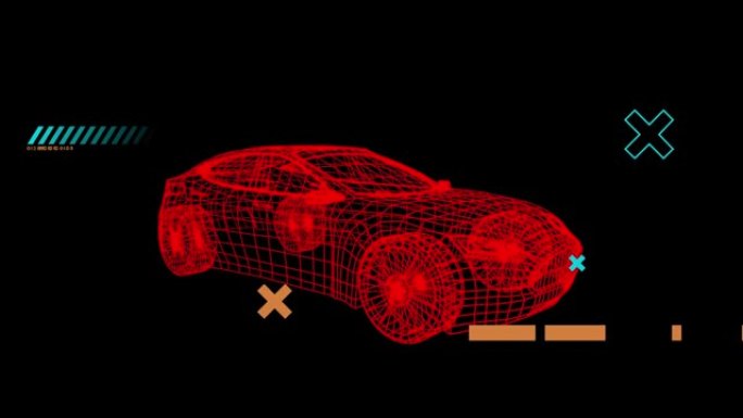 黑色背景上旋转的3d汽车画上的下落形状的动画