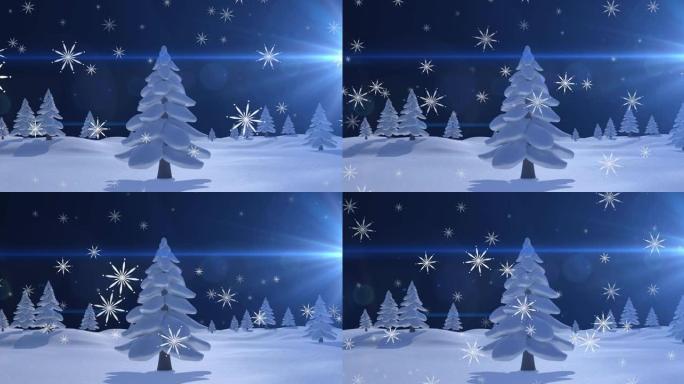 圣诞雪花在夜晚落下的动画，上面覆盖着白雪覆盖的树木和风景