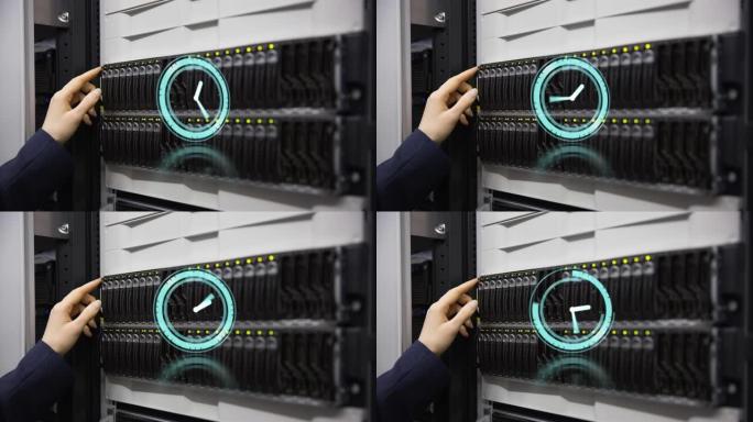 在技术室的计算机服务器上，时钟在女人的手上快速移动的动画