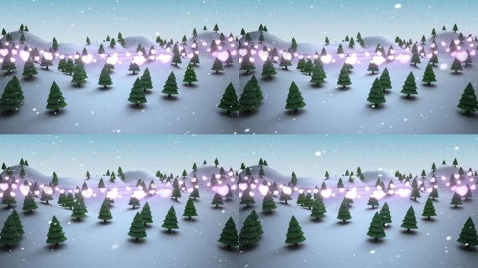 发光的心形仙女灯装饰抵御冬季景观飘落的雪