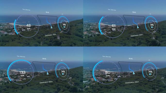 电动汽车界面上的速度计，gps和风景上的充电状态数据动画