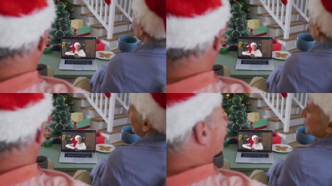 快乐的高级高加索夫妇在圣诞节与孙女在笔记本电脑上进行视频通话