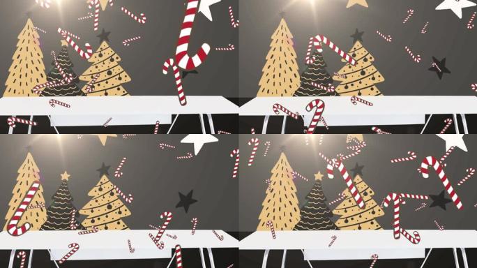 黑色背景上的雪和糖果棒掉落在圣诞树上的动画