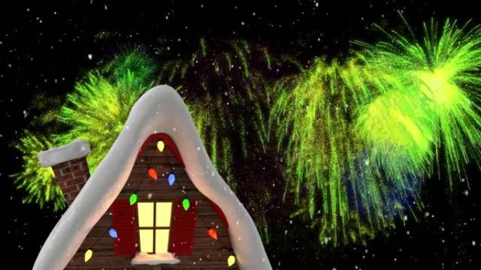 五颜六色的圣诞节和新年烟花和小屋夜空中的雪动画