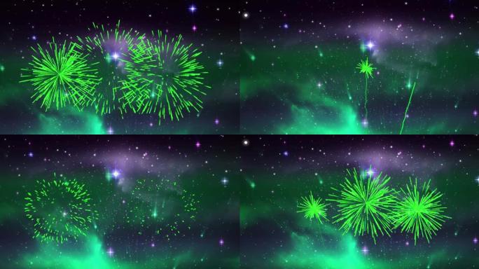 绿色圣诞节和新年烟花在星空中爆炸的动画