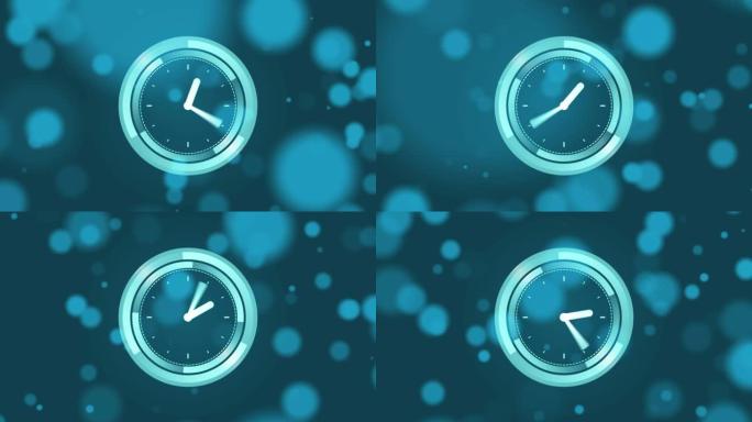 时钟在蓝色背景上发光斑点上移动的动画