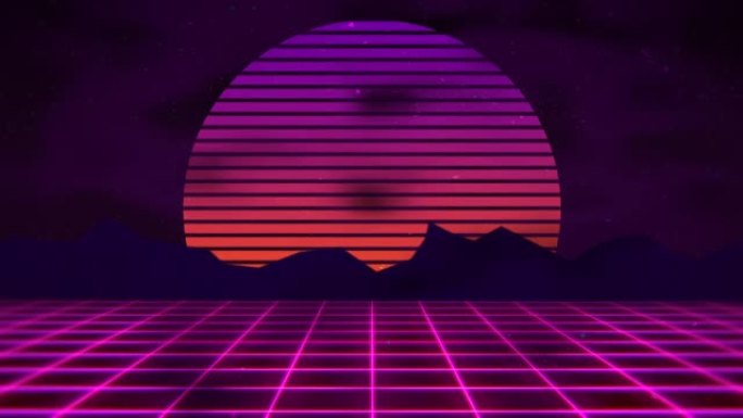 80年代风格的大渐变太阳和紫色网格夜景