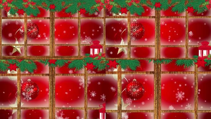 红色圣诞灯和木制窗框抵御红色背景下飘落的雪花