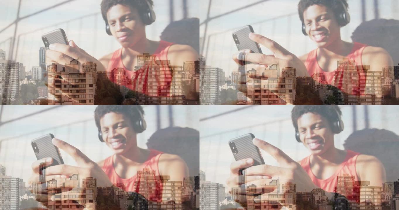 在城市景观上戴着耳机的快乐非裔美国人的动画