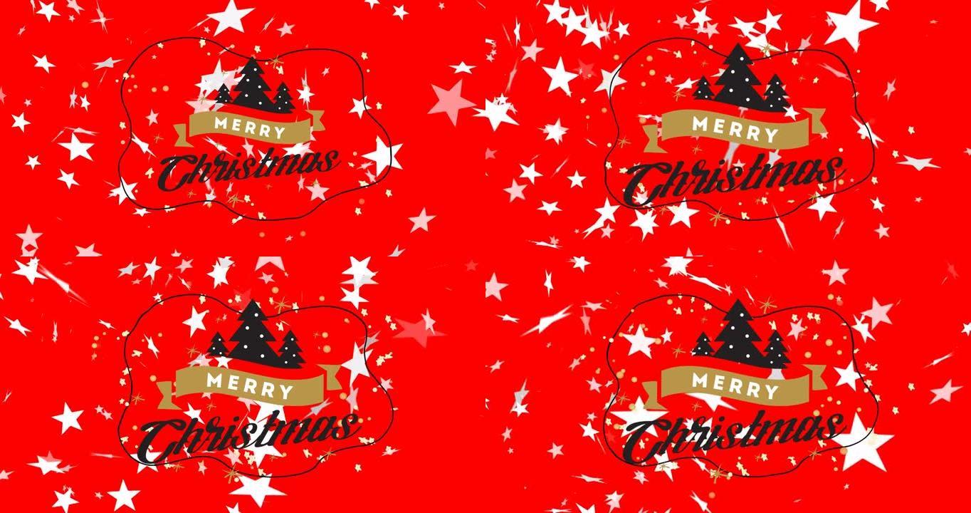红色背景上树木和落落白星的圣诞快乐文本动画