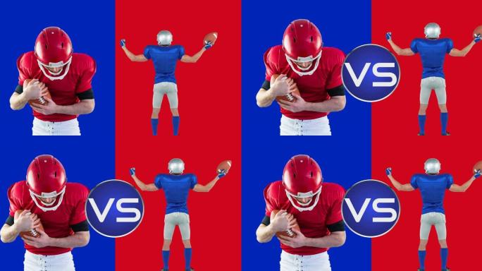 白色vs文字动画，超过两支球队的男性美式足球运动员，红色和蓝色