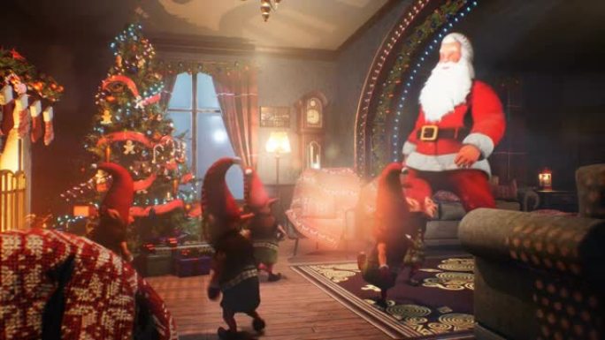 圣诞老人和他的精灵朋友们在圣诞节快乐地跳舞。圣诞气氛概念的概念。循环动画非常适合圣诞节和除夕背景。