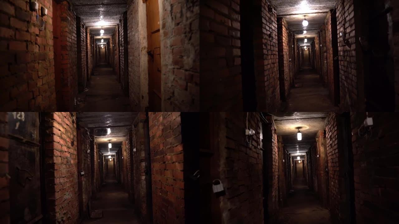 穿过阴暗的长地下室，灯笼隧道关闭门砖墙，激发了绝望和恐怖