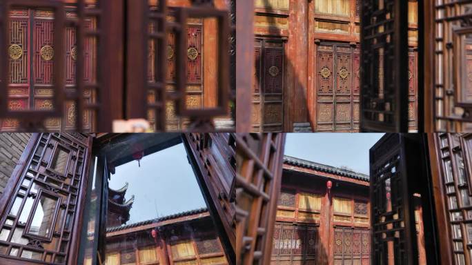 古代建筑镂空木雕门实拍素材