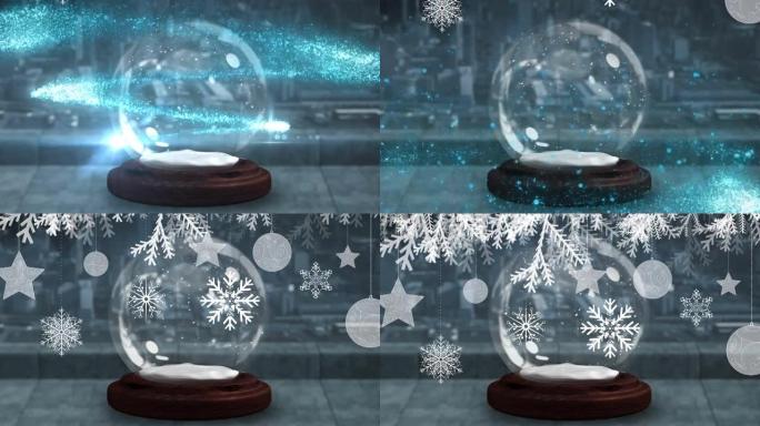 圣诞节悬挂装饰品，以防止流星在木质表面的雪球周围旋转