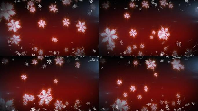 红色背景下漂浮的多个雪花图标的数字动画