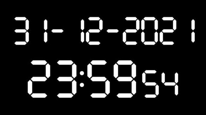 时钟倒计时十秒，直到新年2022，数字电子段显示，白色在黑色