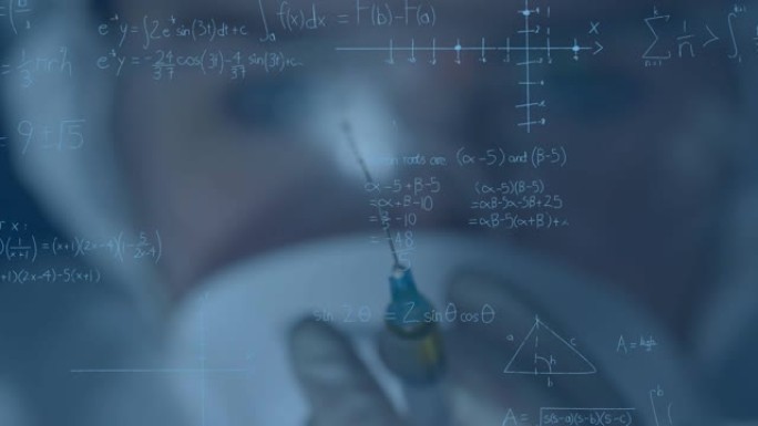 手持注射器的女性科学家的数学方程式动画